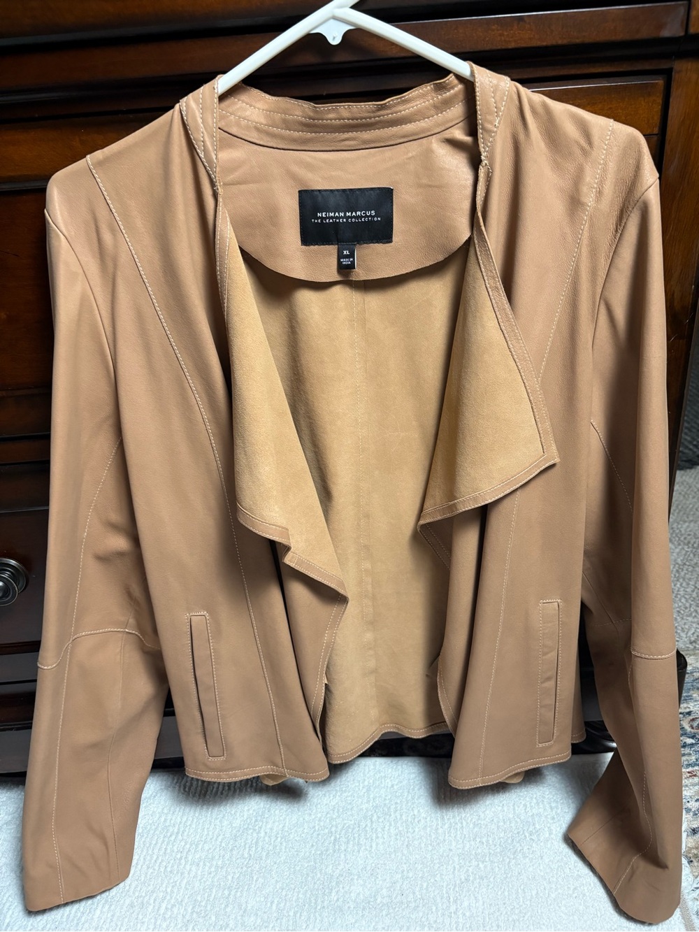 Neiman Marcus Women's Camel Tan Leather Draped Open-Front Jacket